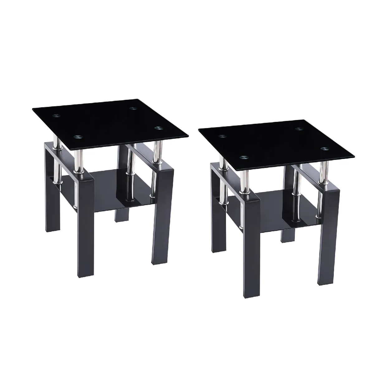 Table auxiliaire rectangulaire avec plateau en verre trempé et pieds tubulaires en métal noir