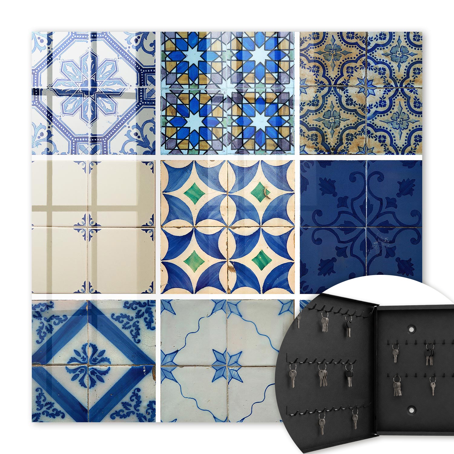 Armoire À Clés - (30 Cm X 30 Cm) - Boîte À Clés Murale - Coffret De Rangement Pour Clés - Couleur Noire - Ouverture Vers La Gauche - Pour Maison Et Bureau - Carreaux D'Azulejos