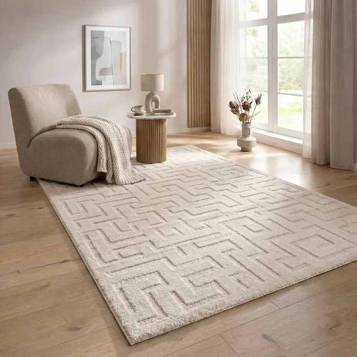 Tapis salon moderne géométrique doux, crème, 200 x 280 cm