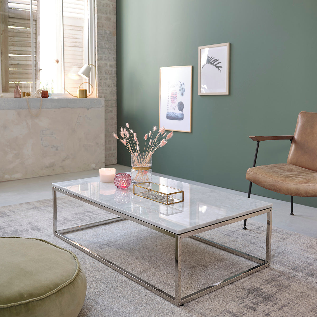 Berah Getah - Table Basse Rectangulaire En Marbre Blanc Et Métal Argenté - 120x70x35 Cm - Épaisseur 2 Cm - Pour Décoration Élégante