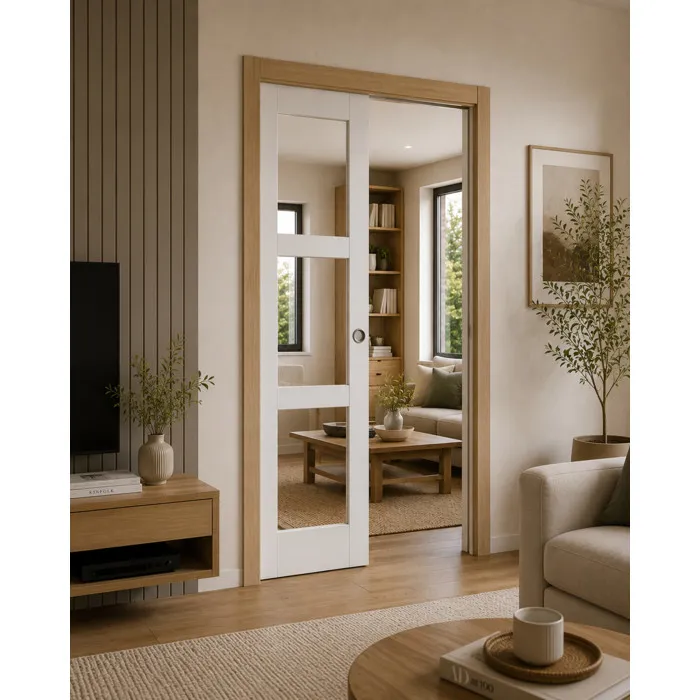 Porte Coulissante Kenya Blanc Vitrage Transparent H204 X L83 Cm, Galandage, Kit Finition Gd Menuiseries