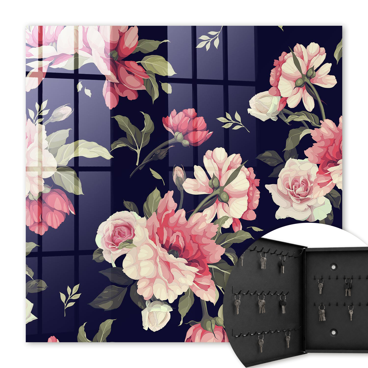 Armoire À Clés - (30 Cm X 30 Cm) - Boîte À Clés Murale - Coffret De Rangement Pour Clés - Couleur Noire - Ouverture Vers La Gauche - Pour Maison Et Bureau - Fleurs Romantiques