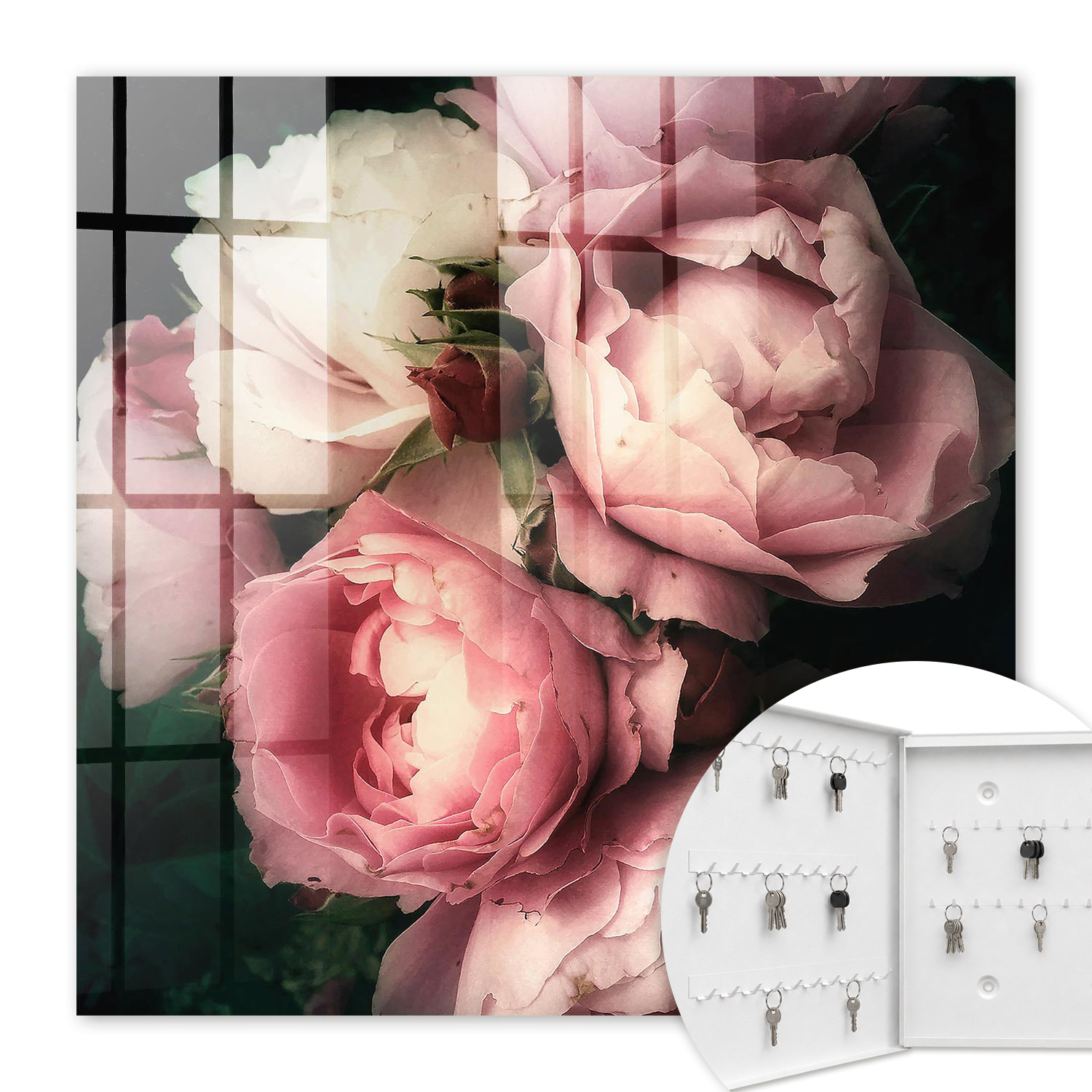 Armoire À Clés - (30 Cm X 30 Cm) - Boîte À Clés Murale - Coffret De Rangement Pour Clés - Couleur Blanche - Ouverture Vers La Gauche - Pour Maison Et Bureau - Charme Floral