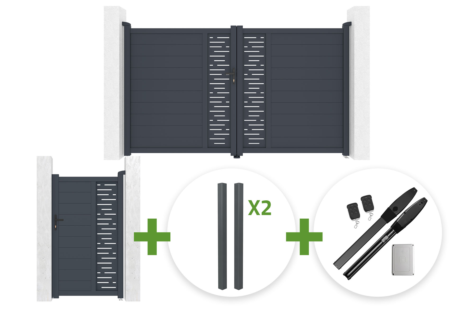 Portail Battant 3m Arlberg H.180cm Gris + Portillon 1m Arlberg H.180cm Gris + 4 Poteaux Elda + Motorisation Hicker B200