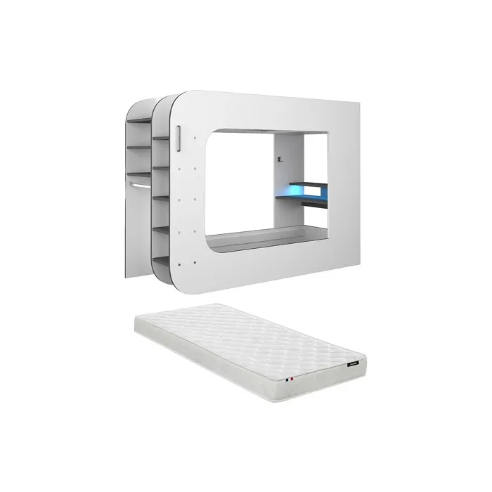 Lit Mezzanine Gamer 90 X 200 Cm - Avec Bureau Et Rangements - Avec Leds - Blanc Et Anthracite + Matelas - Warrior