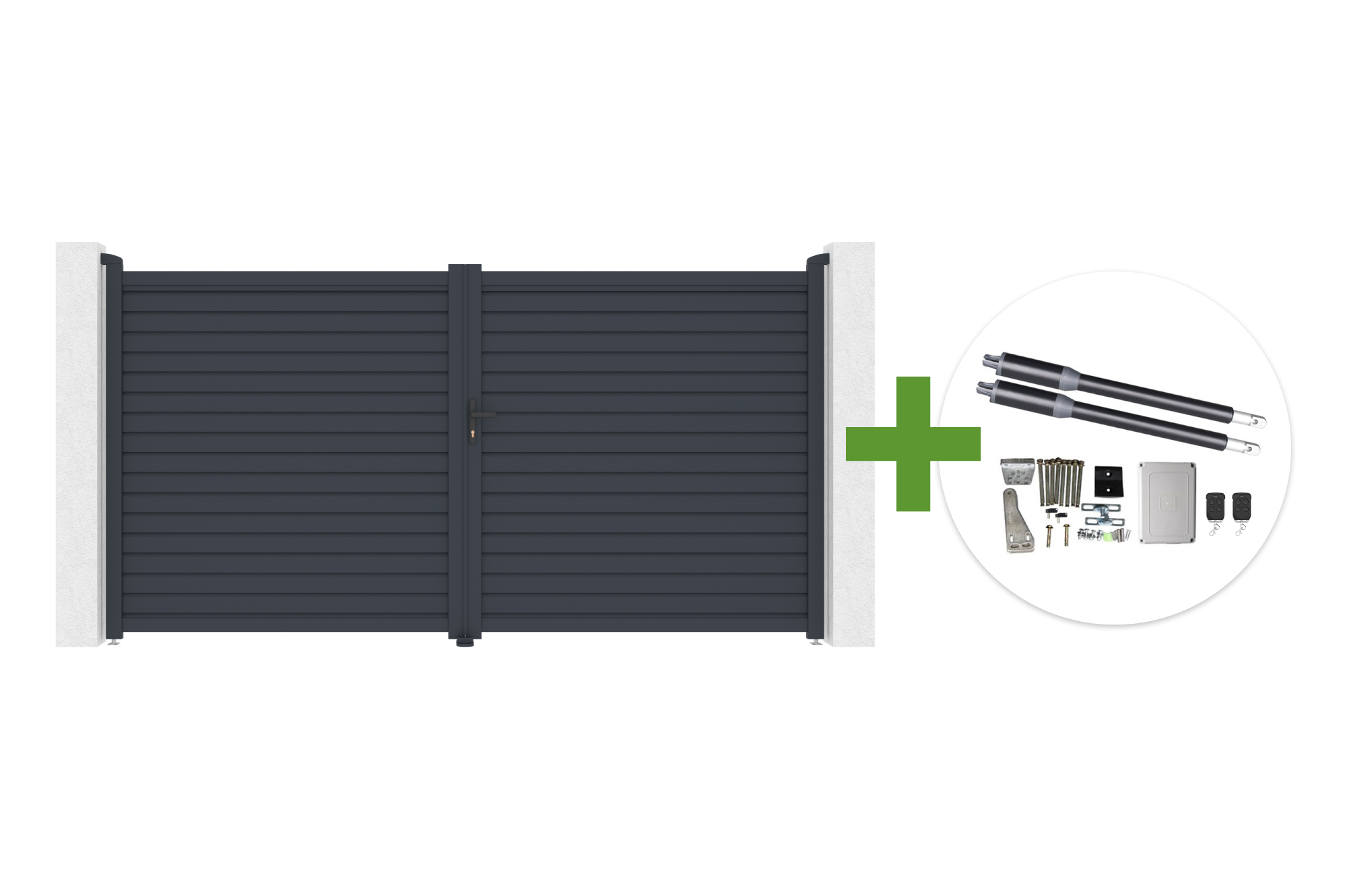 Portail Battant 3,5m Calancia H.180cm Lames Persiennes Aluminium Gris + Moteur Ranger B150