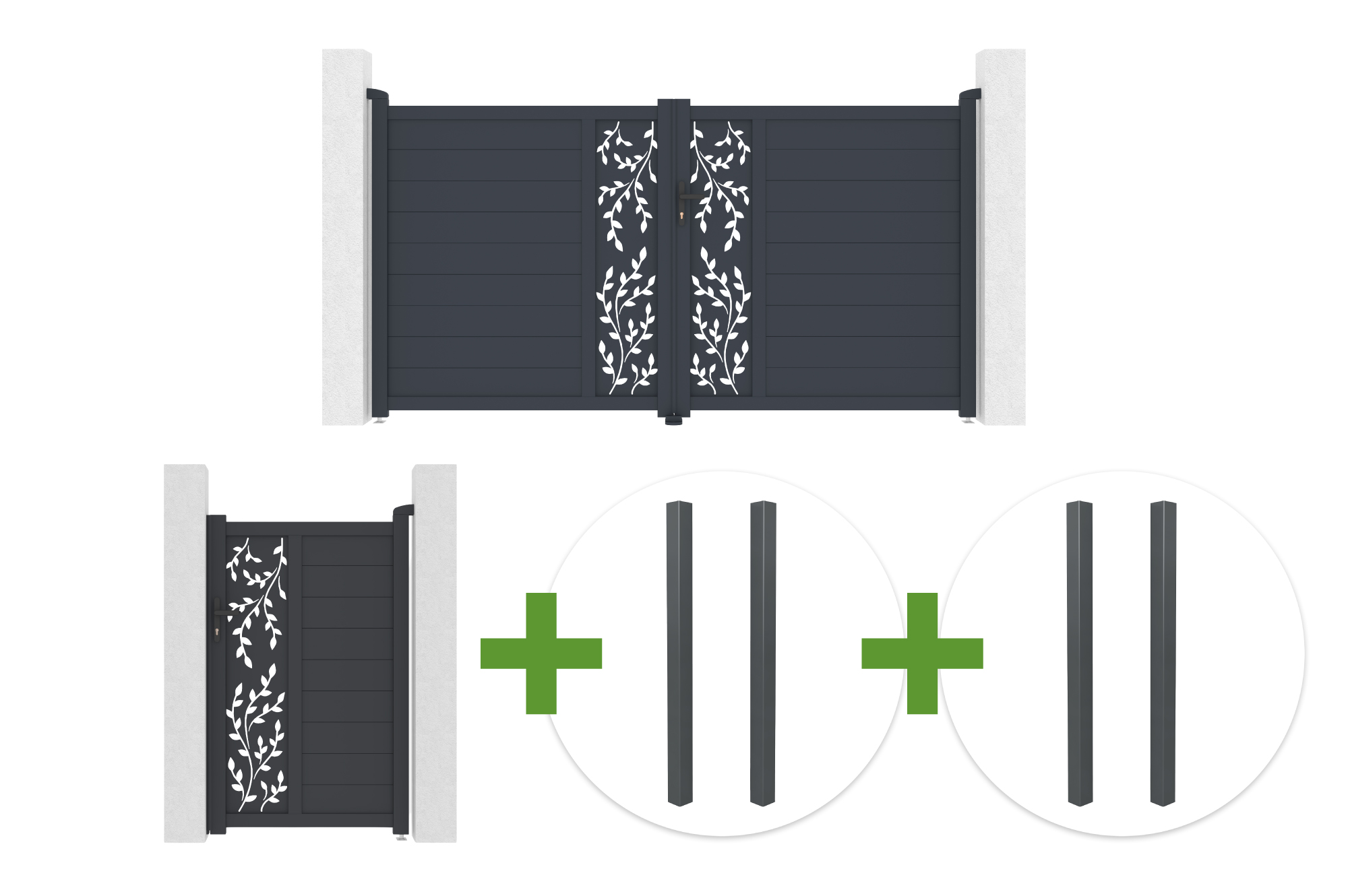 Portail Battant 3m Folya H.160cm Aluminium Gris + 4 Poteaux + Portillon 1m Folya H.160cm