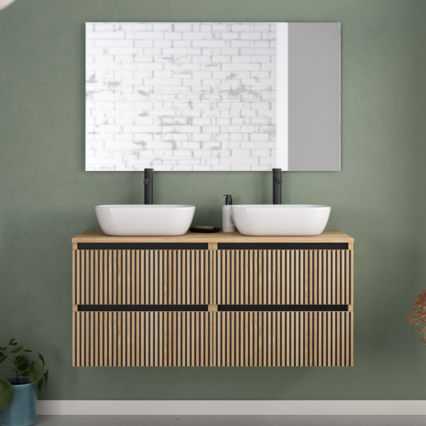 Meuble De Salle De Bain 140cm Avec Plateau Et 2 Vasques À Poser Arrondies - 4 Tiroirs - Roble Era (chêne Clair) - Veneria