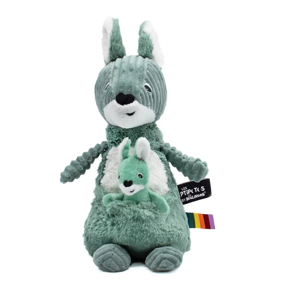 Peluche Les_déglingos Ptit Potos Kangourou Maman Bébé Menthe Velours Côtelé, Fourrure Ultra Douce