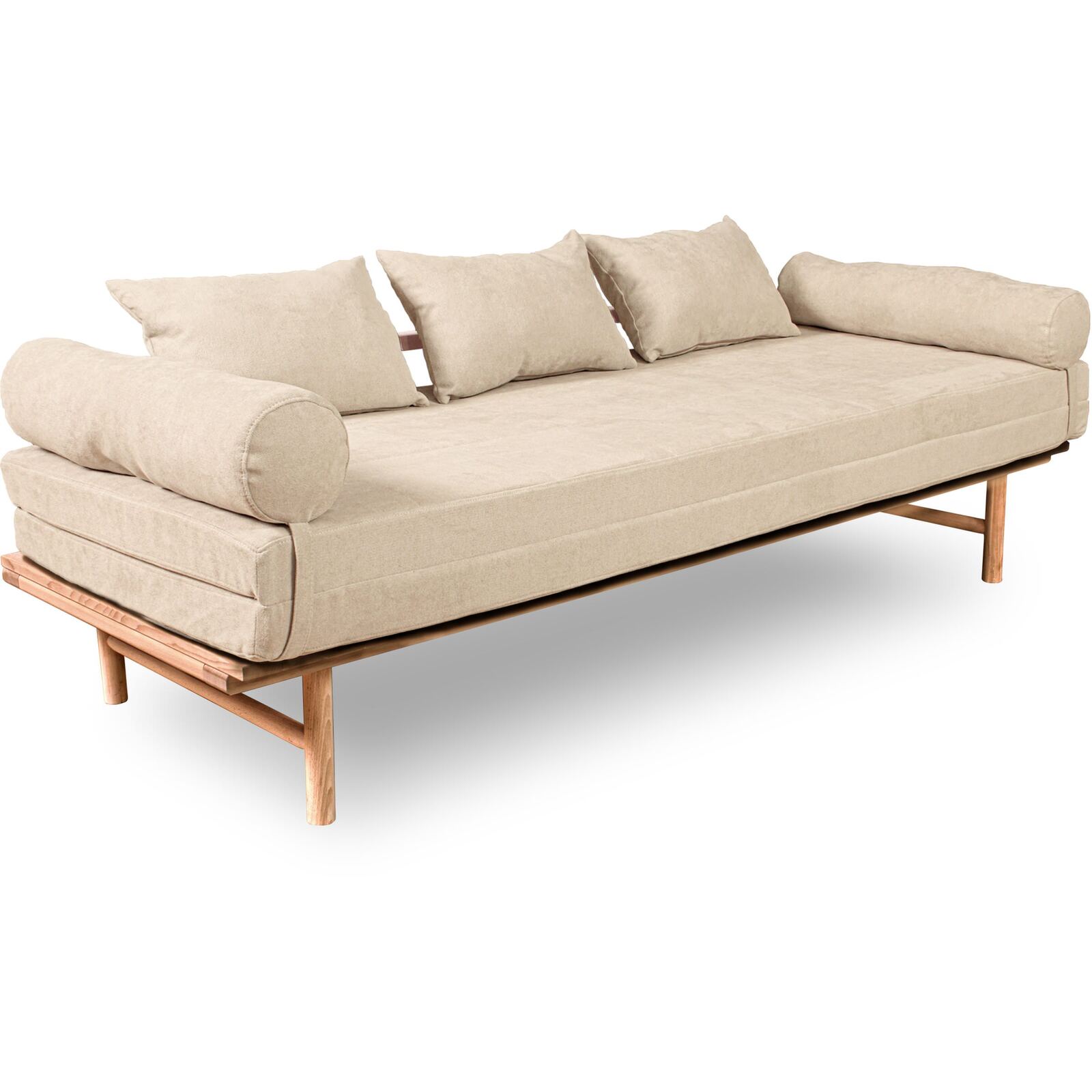 Canapé Lit Convertible Design En Tissu Beige Et Bois - 140 X 200 Cm - Bois Clair Et Beige