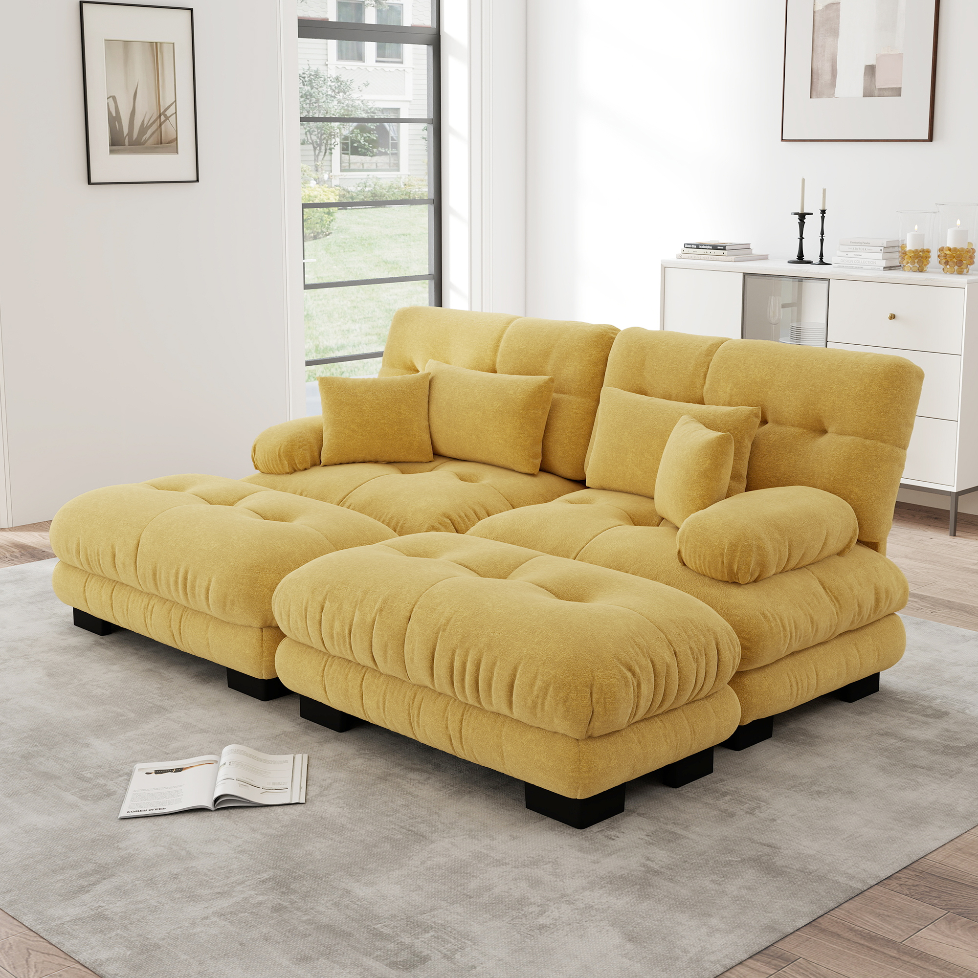 Redom Canapé Modulaire, Assise Style Nuage, 2 Ottomans Mobiles, 2 Coussins Lombaires Et 2 Coussins Déco, Chenille Jaune