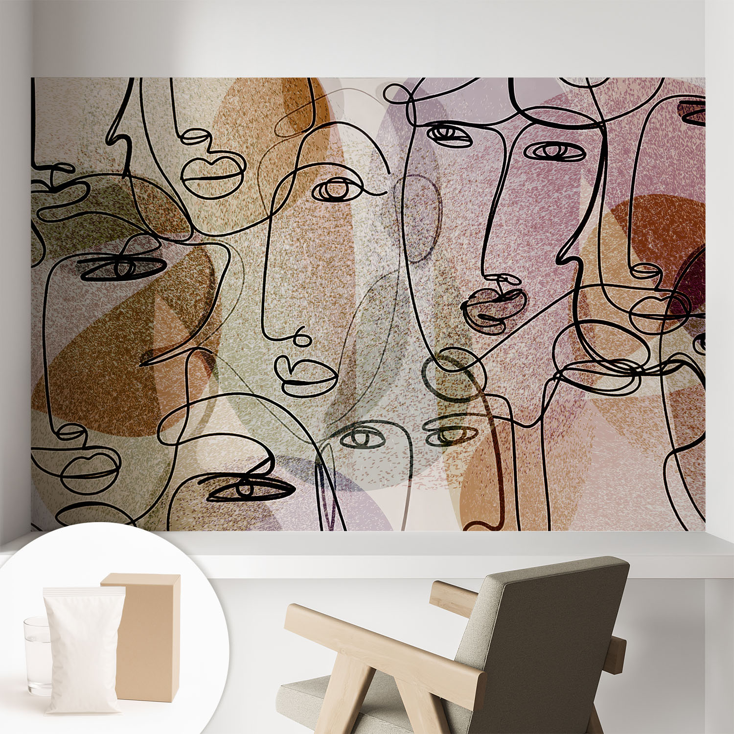 Papier Peint Intissé Mural Classique Avec Imprimé Motifs Décoratifs Design Élégant Non‑tissé Visages Linéaires 104x70 Cm