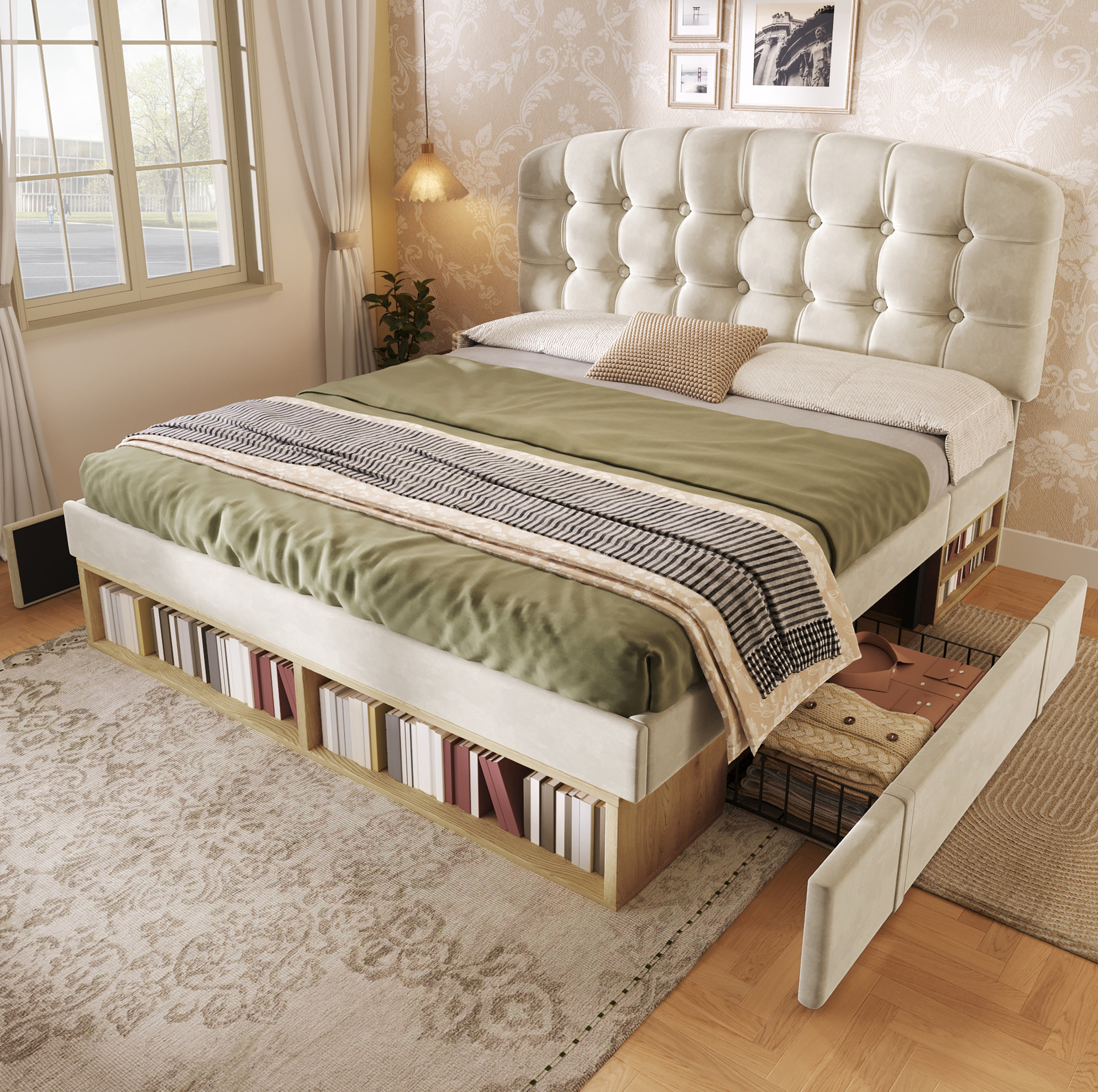 Lit Double 140x200 En Velours Beige Avec Sommier, Tête De Lit Réglable Et Tiroirs