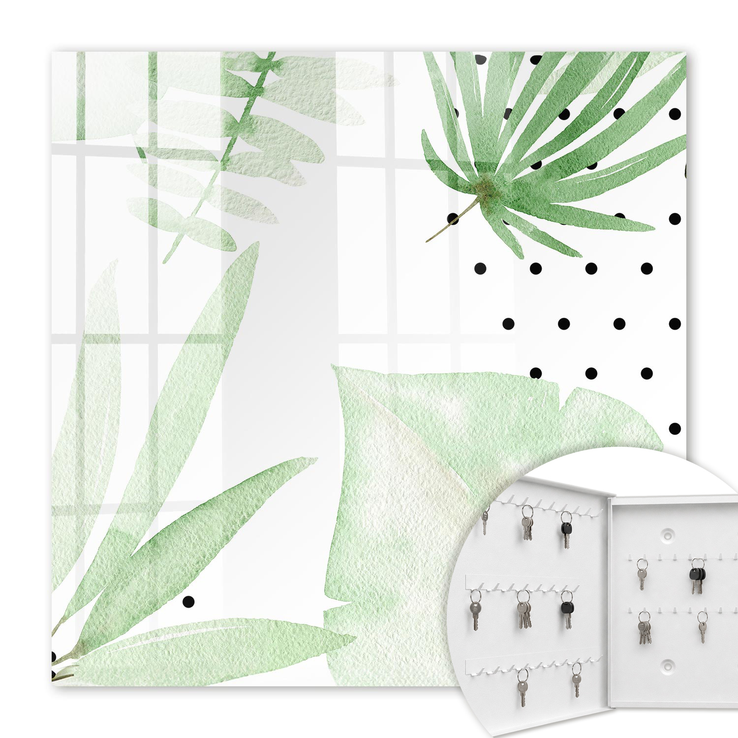 Armoire À Clés - (30 Cm X 30 Cm) - Boîte À Clés Murale - Coffret De Rangement Pour Clés - Couleur Blanche - Ouverture Vers La Gauche - Pour Maison Et Bureau - Feuilles Vertes