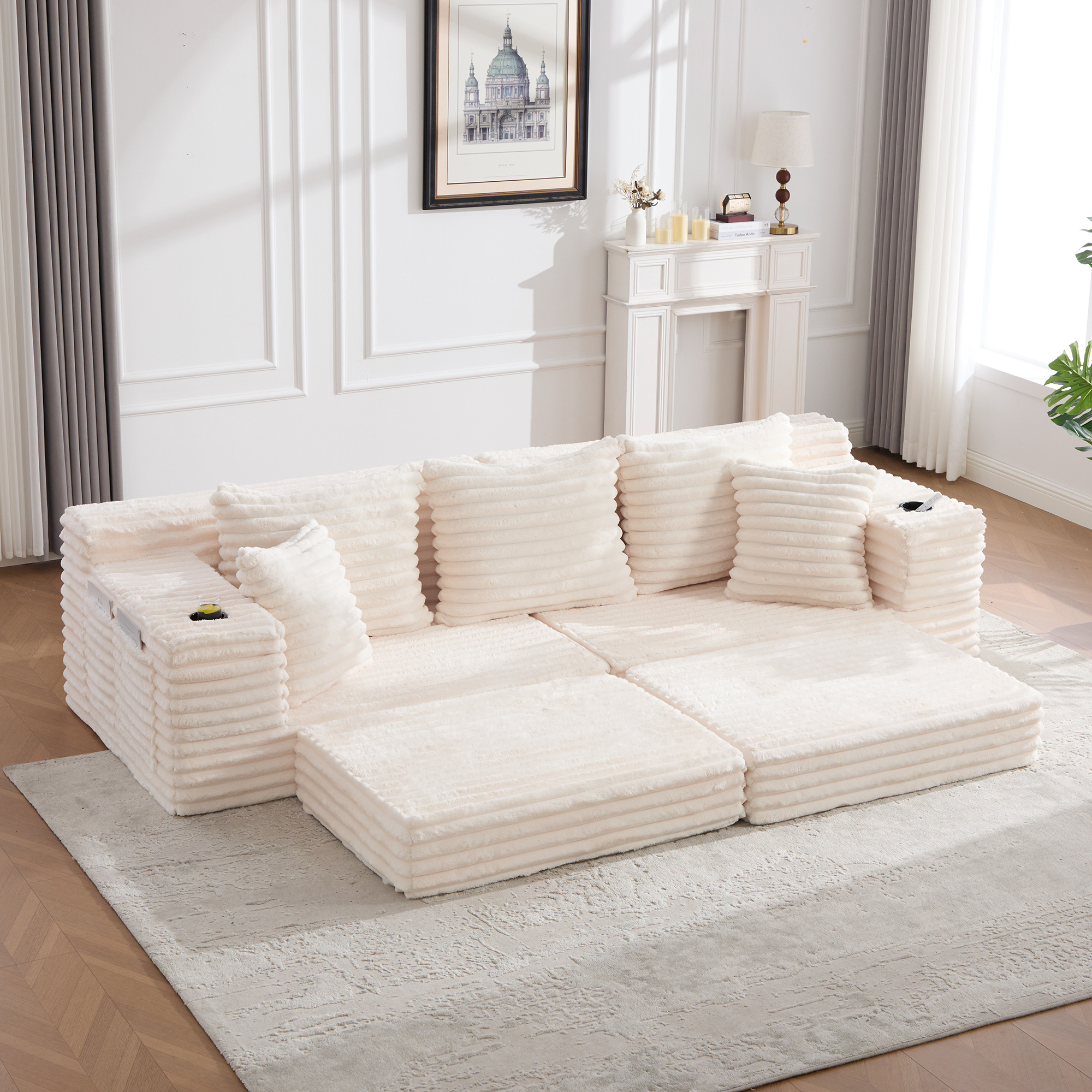 Redom Canapé Convertible 273x98x87 Cm, Dossier Haut, Poches Et Porte Gobelets Des Deux Côtés, Velours Côtelé Beige