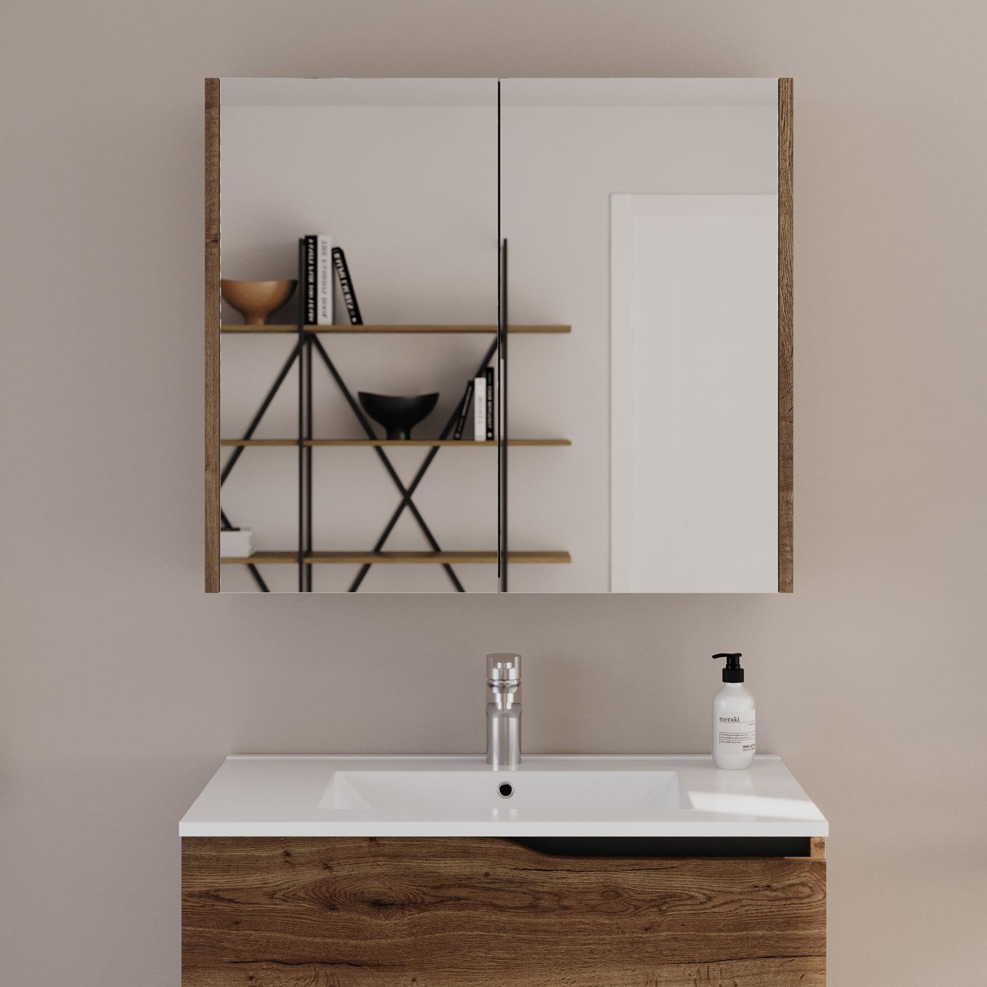 Armoire De Toilette Miroir 80x70cm - Tabaco (chêne Foncé) - Mirano