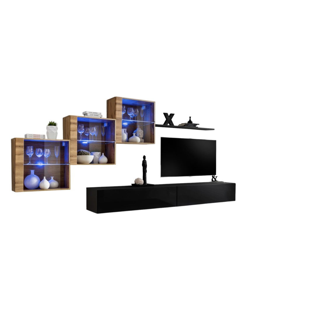 Composition Murale Switch Xx - Double Meuble Tv, Cubes Vitrés Led Et Étagère - Noir B