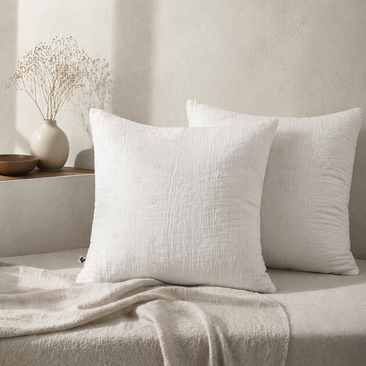 Lot De 2 Taies D'oreiller 60 X 60 Cm - Gaze De Coton Brodée - Gaïa Boho Blanc
