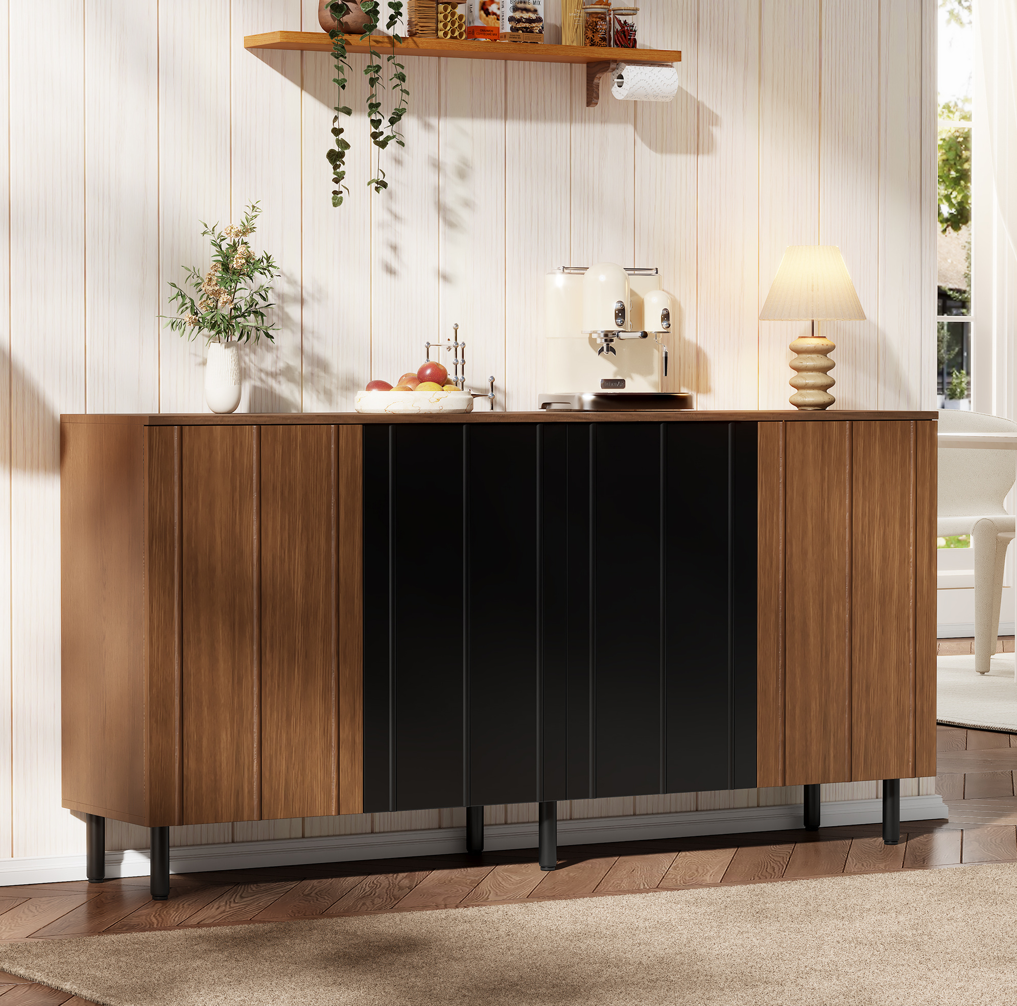 Buffet De Cuisine 160 X 35 X 80 Cm En Panneaux De Particules, Noyer Et Noir, 4 Portes
