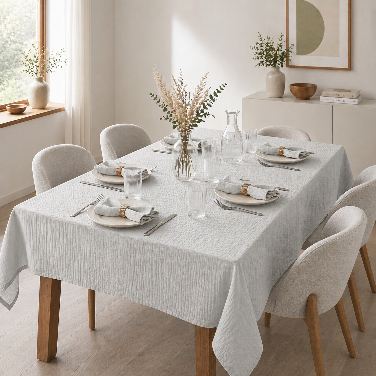 Nappe Rectangle 150 X 250 Cm + 6 Serviettes De Table - Double Gaze De Coton Gaïa Nuage