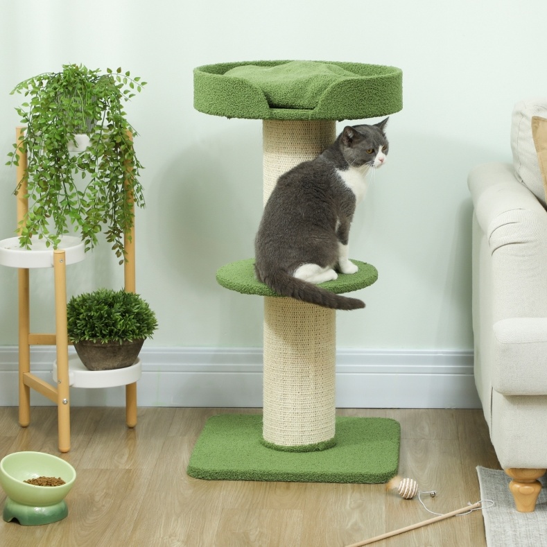 Arbre À Chat 91 Cm Avec Panier, Plateforme En Laine D'Agneau Verte, Griffoir Sisal - Redom