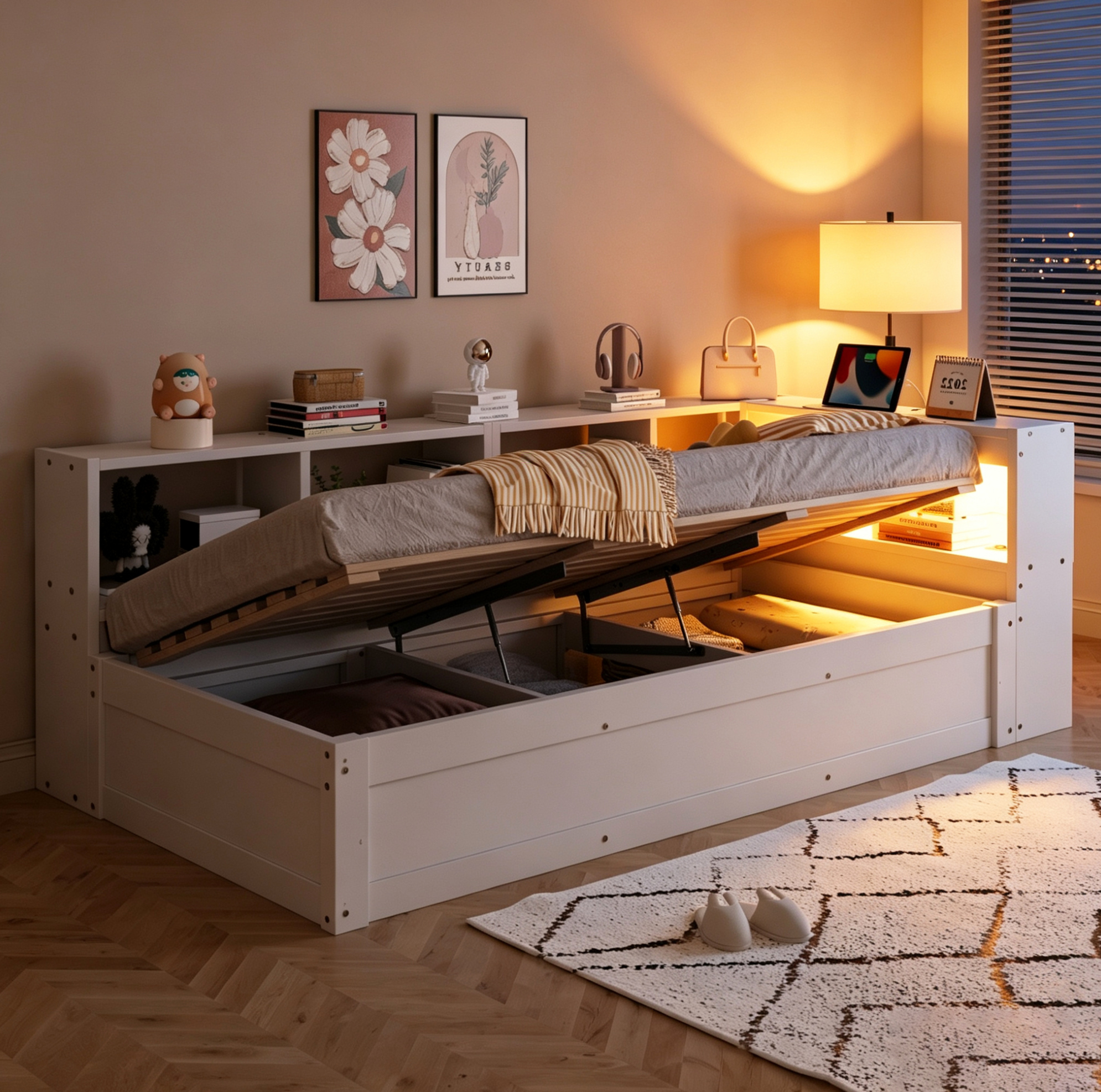 Lit Multifonction 90 X 200 Cm Avec Prise Eu, Rangements, Led, Blanc, Redom