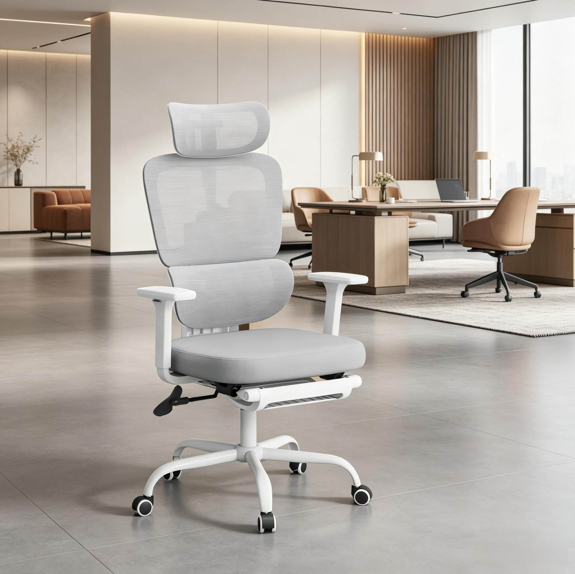 Chaise De Bureau Ergonomique Pivotante Avec Appuie-tête 3d, Repose-pieds, Gris, Redom