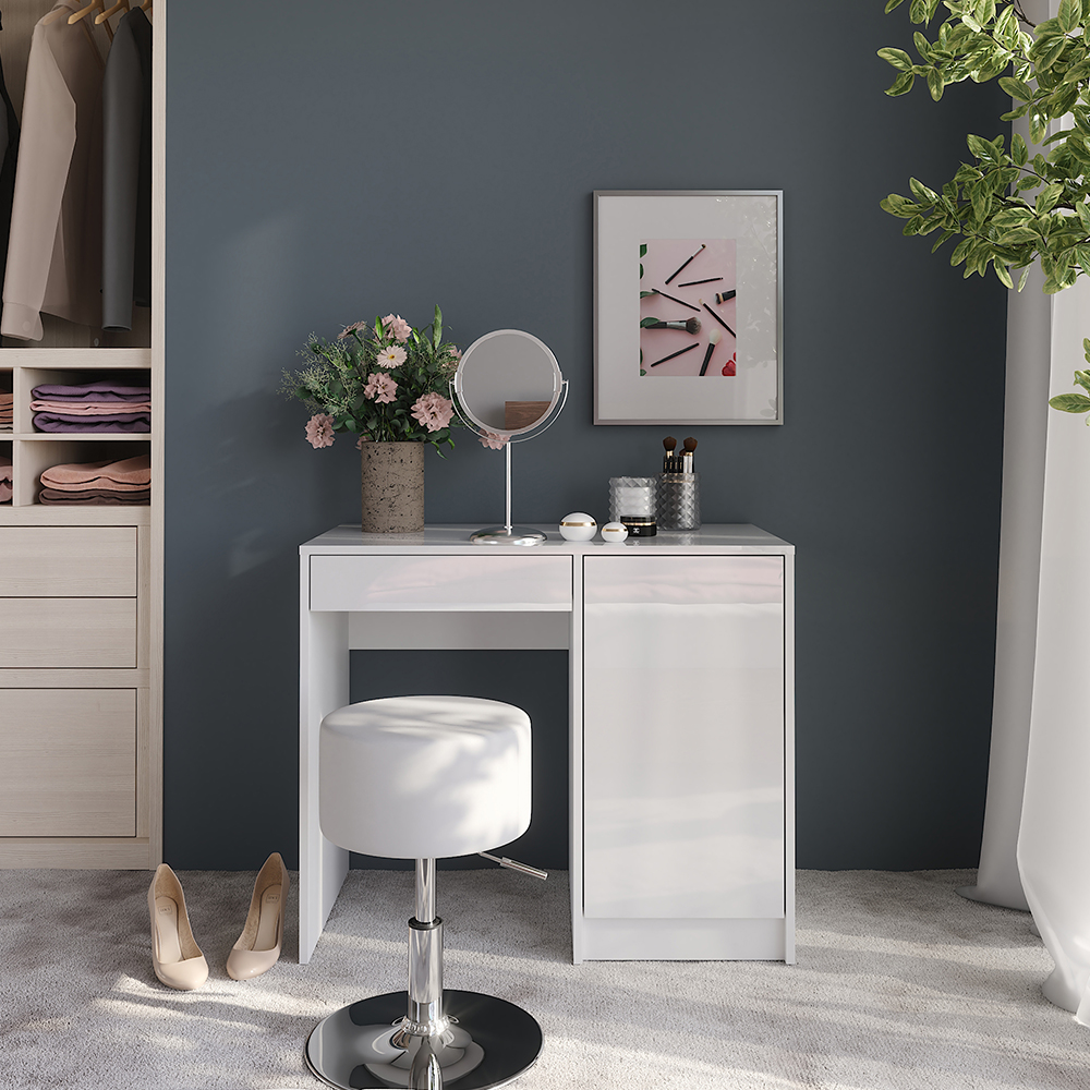 Coiffeuse Sherry, Blanc/blanc Haute Brillance, 89.8cm Sans Miroir, Avec Tabouret, Vicco