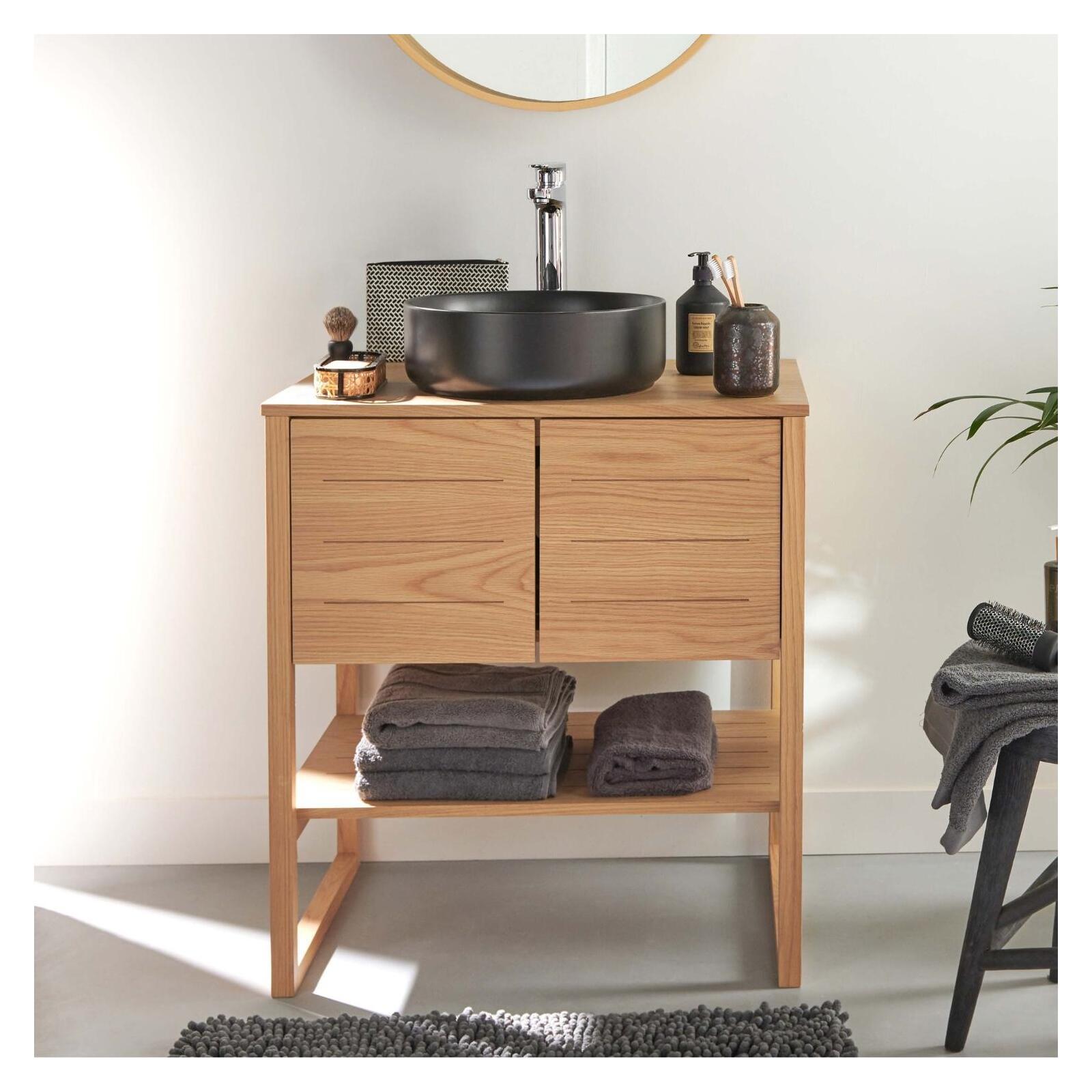 Meuble Atoll 70cm Chêne Vasque Ronde Noire Robinet Miroir