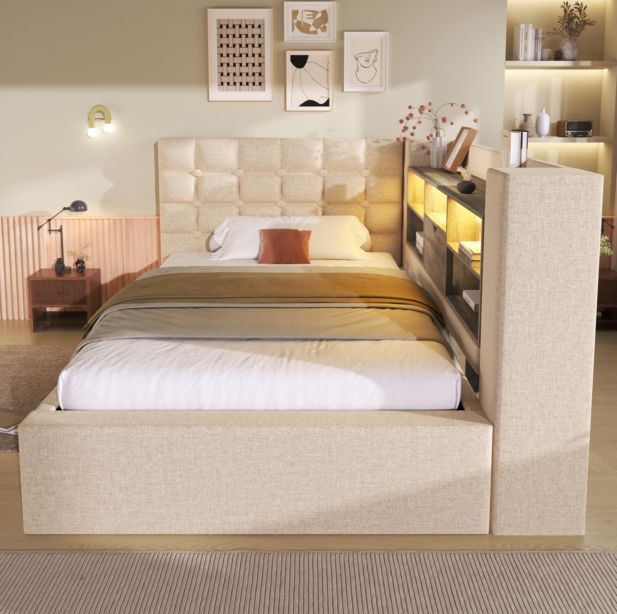 Redom - Lit Simple 90x200 Cm Avec Led, Ports Usb Et Rangement Hydraulique En Lin Beige (sans Matelas)