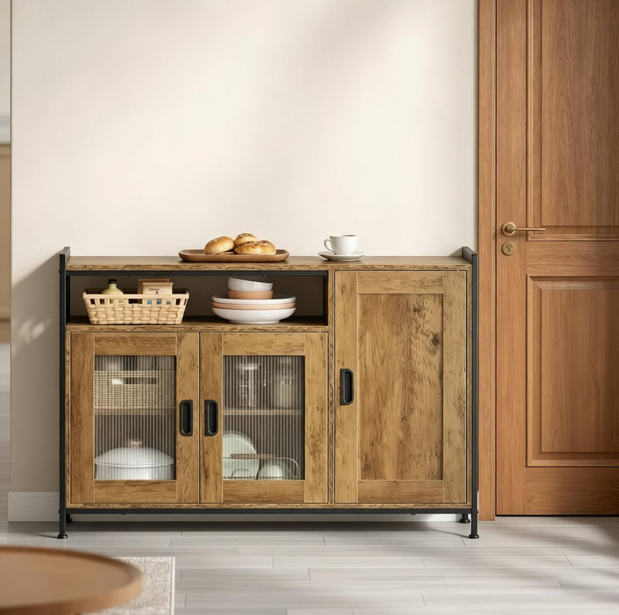 Buffet Industriel Avec Niche Ouverte, Meuble De Cuisine 110 X 33 X 75 Cm, Bois Brun, Métal