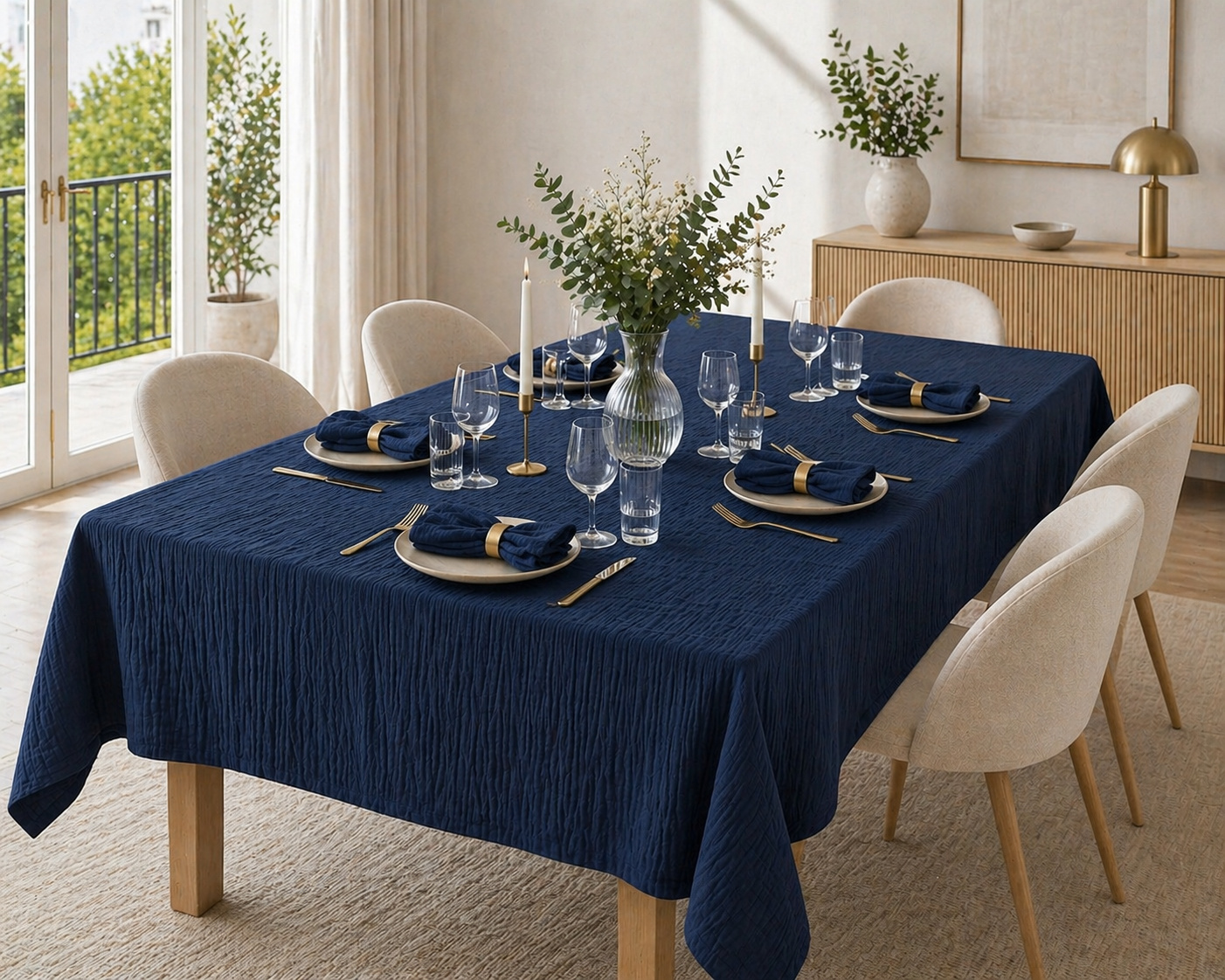 Nappe Rectangle 150 X 350 Cm + 6 Serviettes De Table - Double Gaze De Coton Gaïa Marine