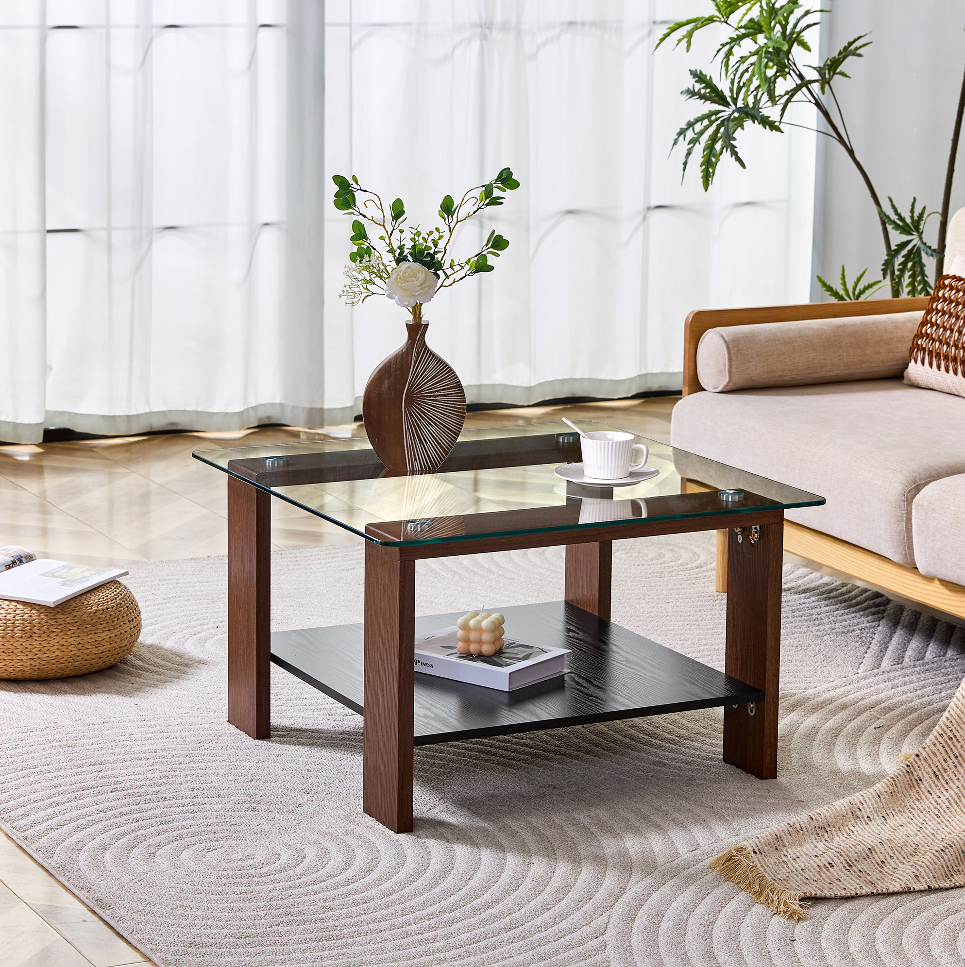 Table Basse Moderne Avec Rangement, Plateau En Verre Trempé, Mdf, Finition Noyer, 65x41x45,5 Cm