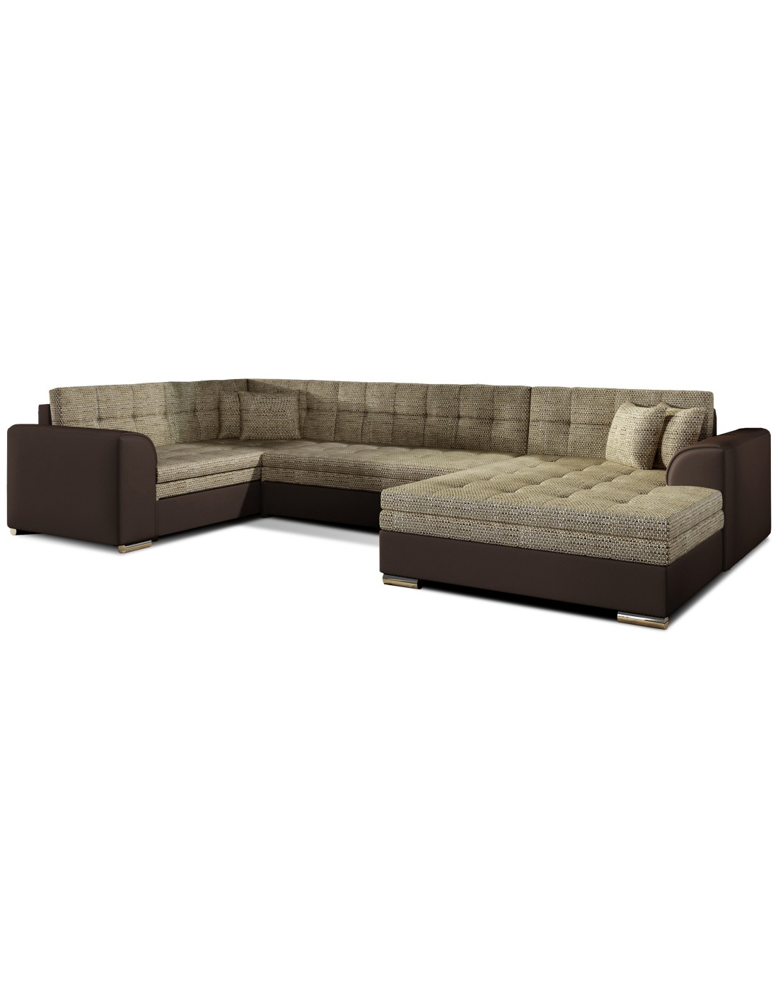 Canapé Panoramique Convertible Caldero 5 Places Beige Et Chocolat - Angle Droit