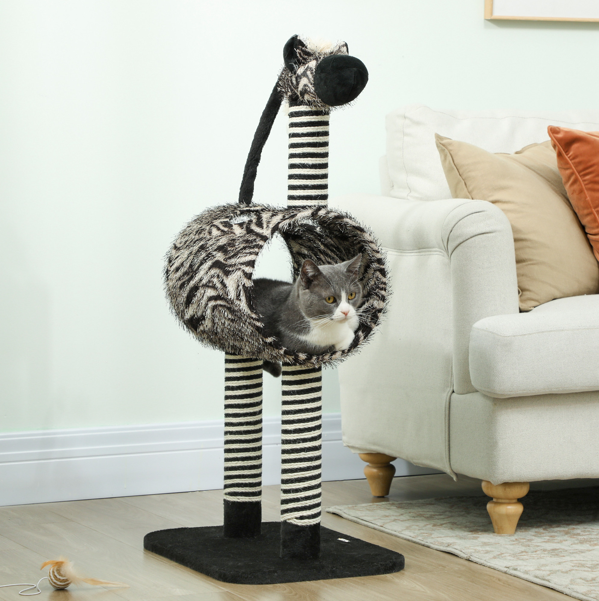 Arbre À Chat Avec Tunnel Zèbre Ø25 Cm, Griffoirs Noir Et Blanc, 93 Cm