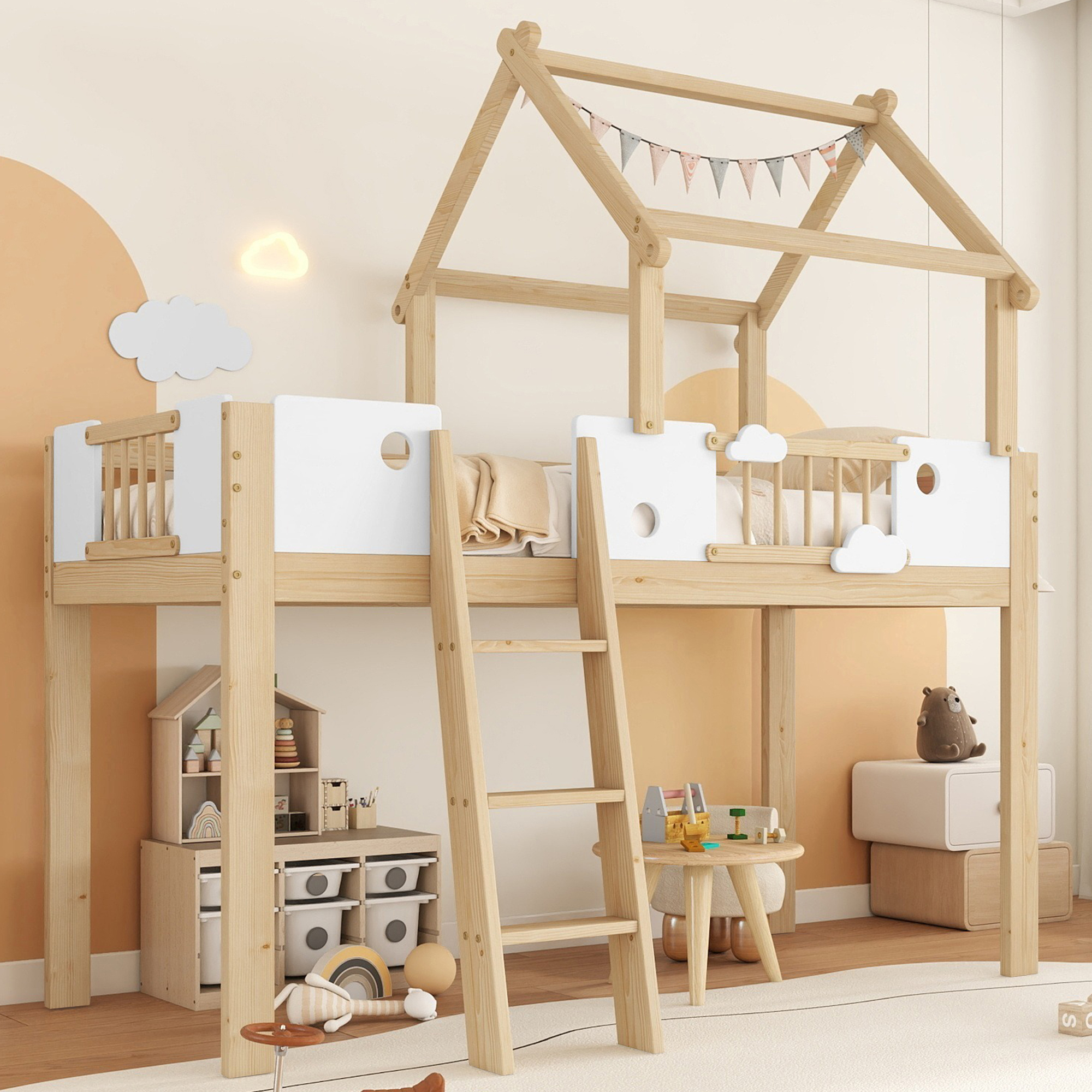Redom Lit Mezzanine Enfant 90x200 Cm Avec Barrière, Échelle À 3 Marches En Bois Et Mdf Blanc Et Naturel (sans Matelas)