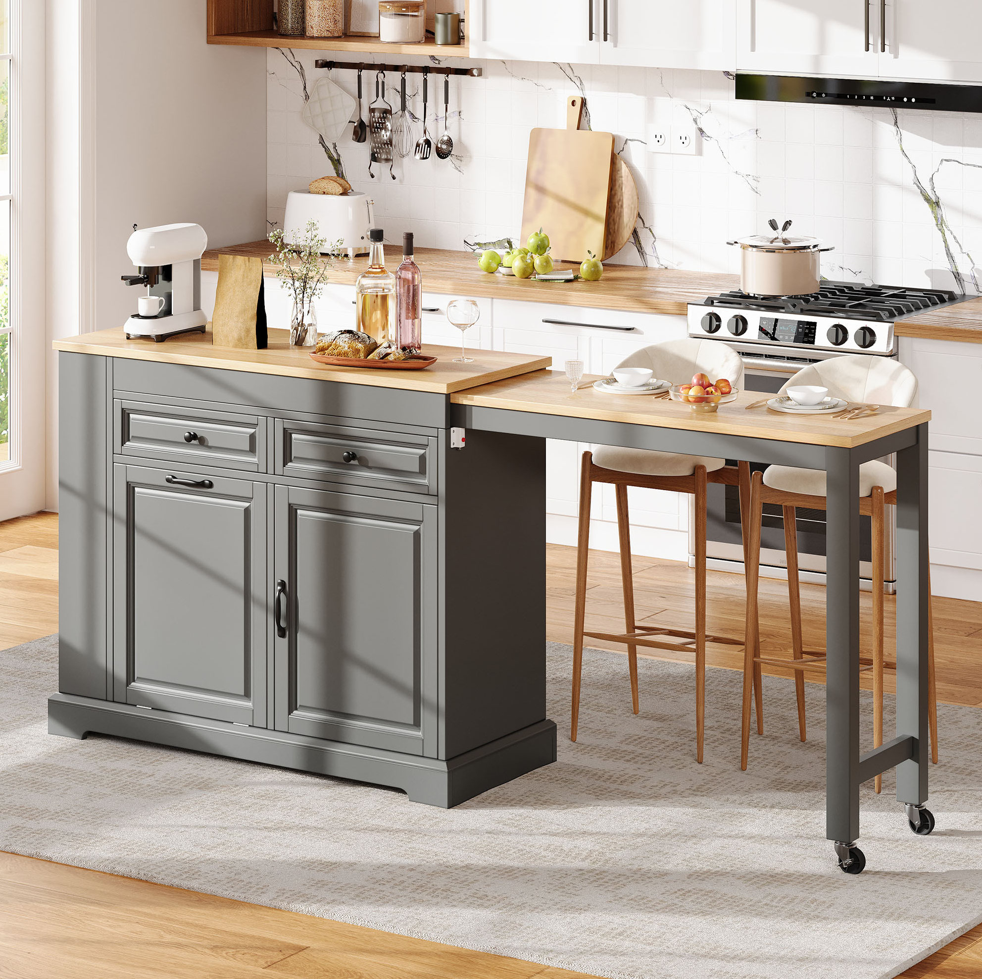 Îlot De Cuisine Mobile Avec Plateau Extensible 112-180 X 45 X 92 Cm, Mdf+pb Gris, Redom