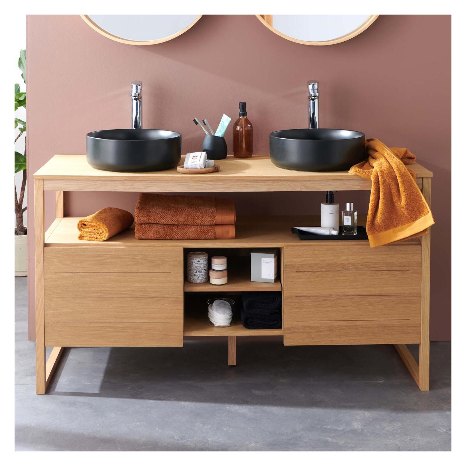 Meuble Atoll Double 140cm Chêne Vasques Rondes Noires