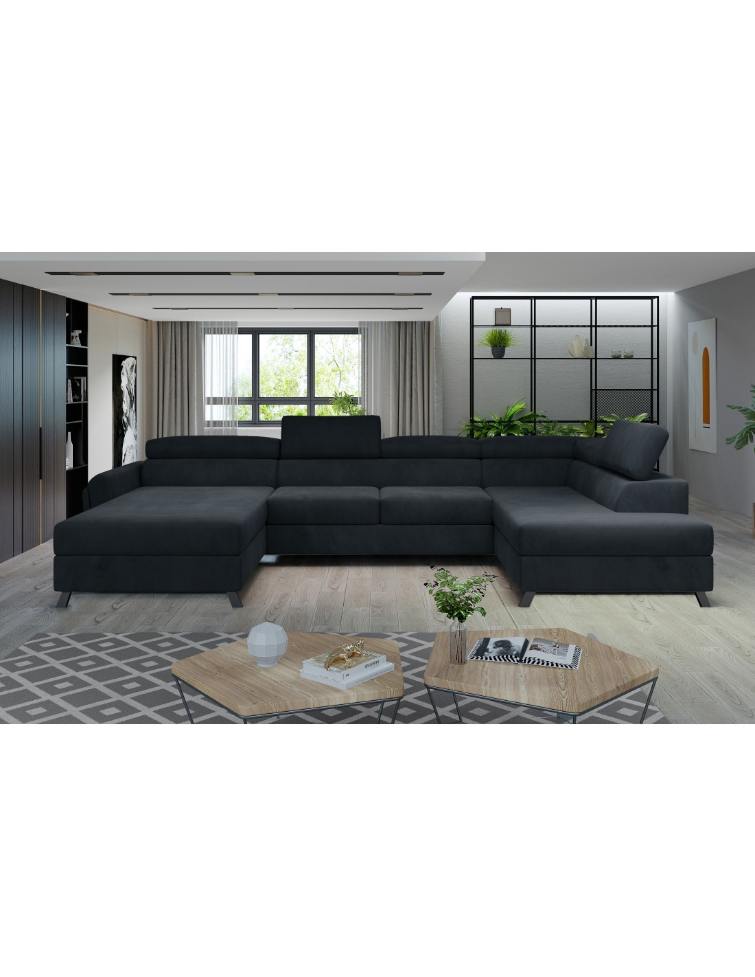 Canapé Panoramique Gris Foncé 5 Places Angle Droit Confort Modulable Clotis
