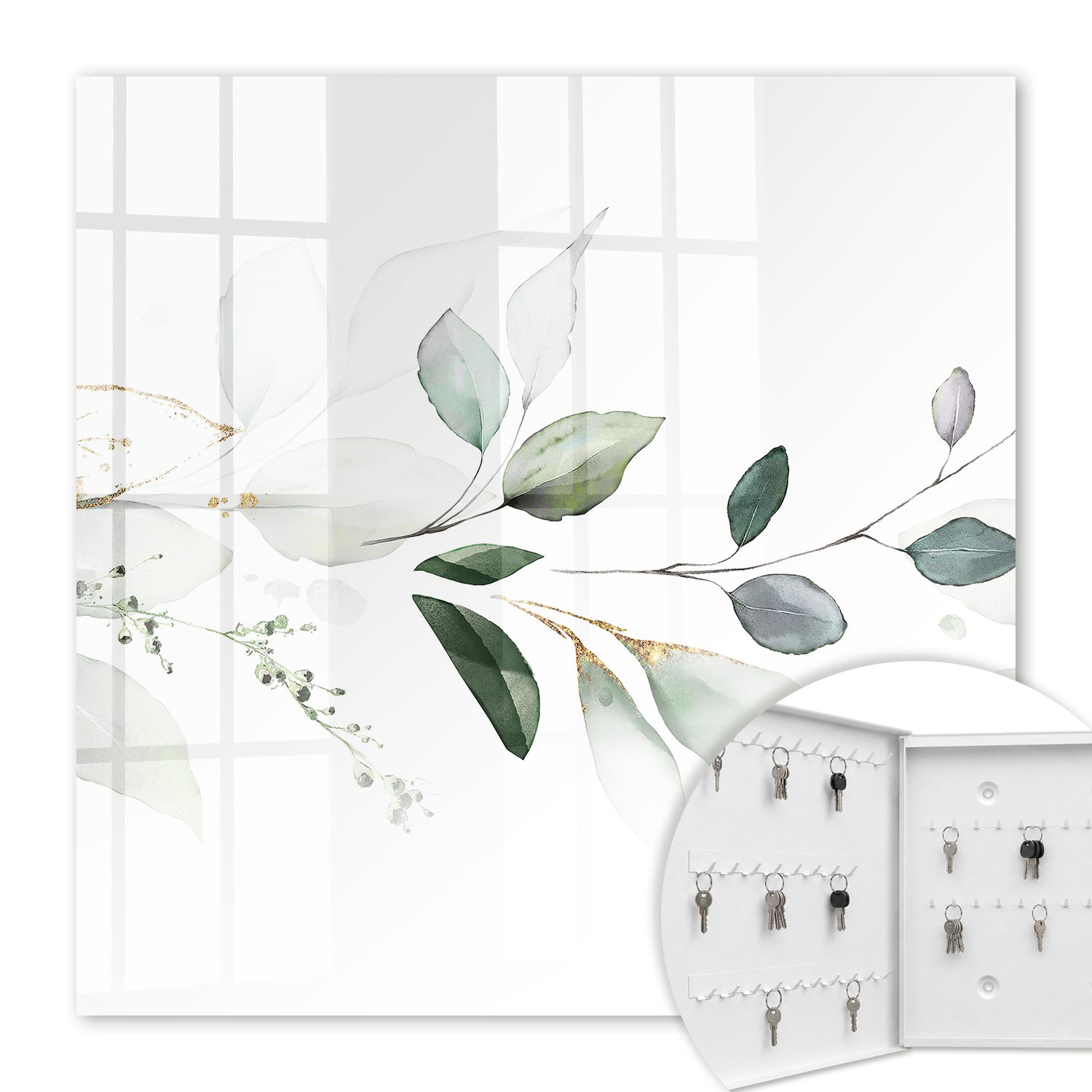 Armoire À Clés - (30 Cm X 30 Cm) - Boîte À Clés Murale - Coffret De Rangement Pour Clés - Couleur Blanche - Ouverture Vers La Gauche - Pour Maison Et Bureau - Feuilles Aquarelles