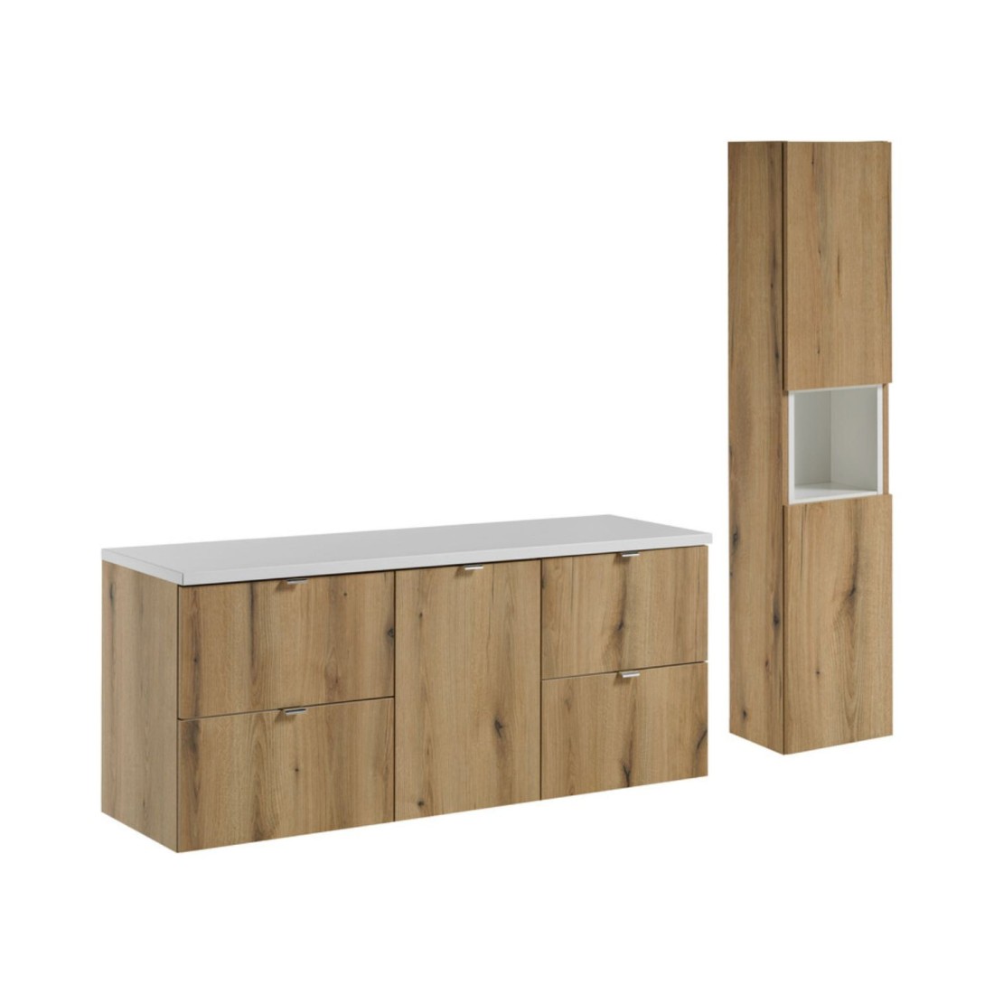 Ensemble Vano Aspect Chêne Et Blanc 170cm: Meubles Sous Vasque À Tiroirs Et Panier À Linge Intégré + Plan Pour Vasque + Colonne