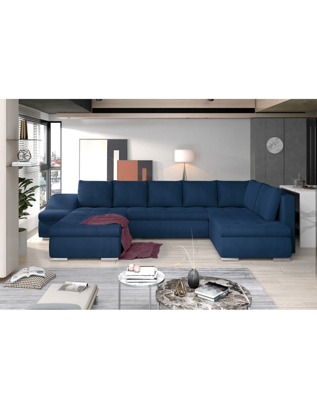 Canapé Panoramique Gyovani Bleu Marine Angle Gauche Convertible Pieds Métal