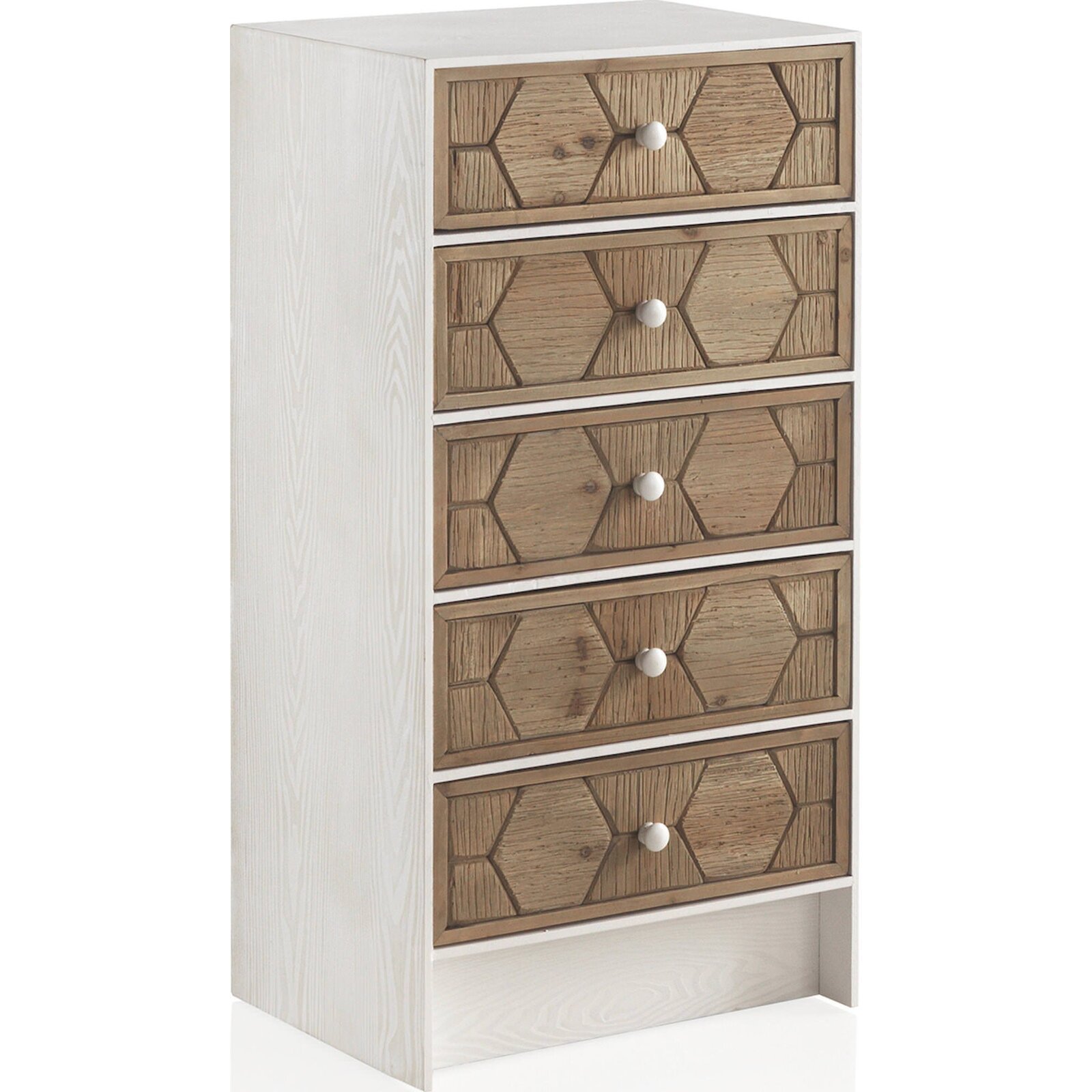Commode Blanche Effet Bois Frêne 5 Tiroirs Déco Hexagonale - Blanc Frêne Et Bois Naturel