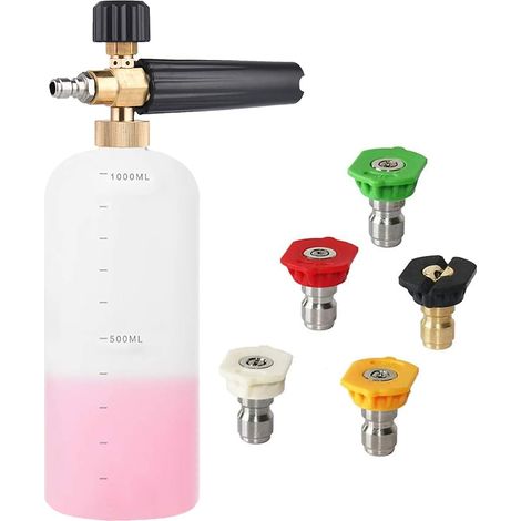 Haute Pression Nettoyeur Canon À Mousse, 1l Réglable Lavage Jet 1/4" Rapide Dégagement Lance En Mousse De Neige Distributeur De Savon Bouteille, 5pcs Buses De Pulverisation Pour Lavage De Voiture