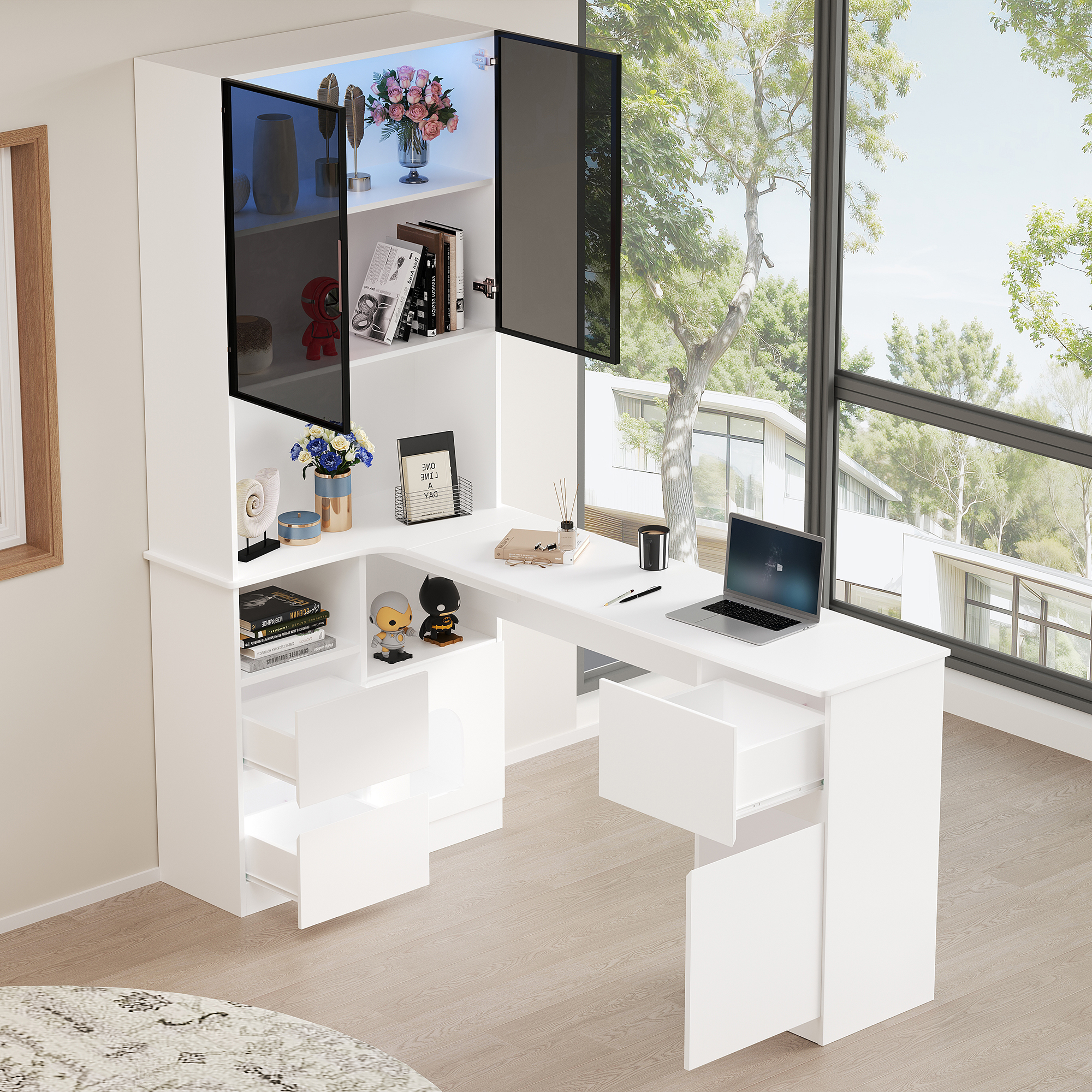 Redom Bureau D'Angle 120x80x180 Cm, Avec Étagère, Vitrine Led 7 Couleurs, Passe Câbles, 3 Tiroirs, Mdf Blanc