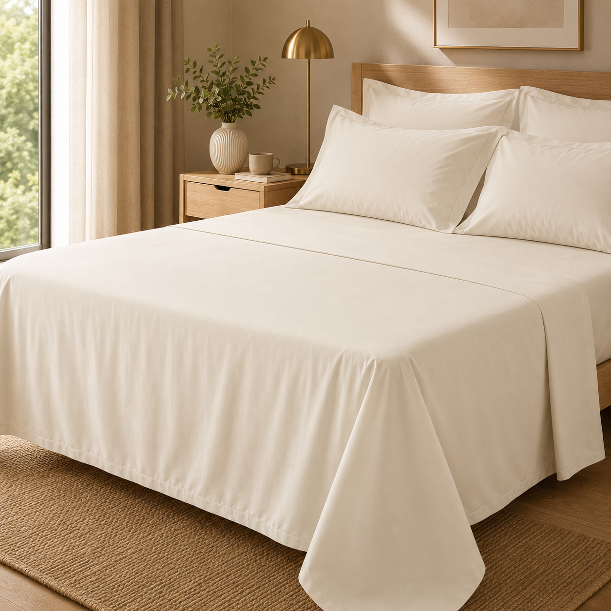 Drap Plat Percale 240 X 300 Cm - Pur Coton Peigné Longues Fibres 80 Fils/cm² - Ivoire