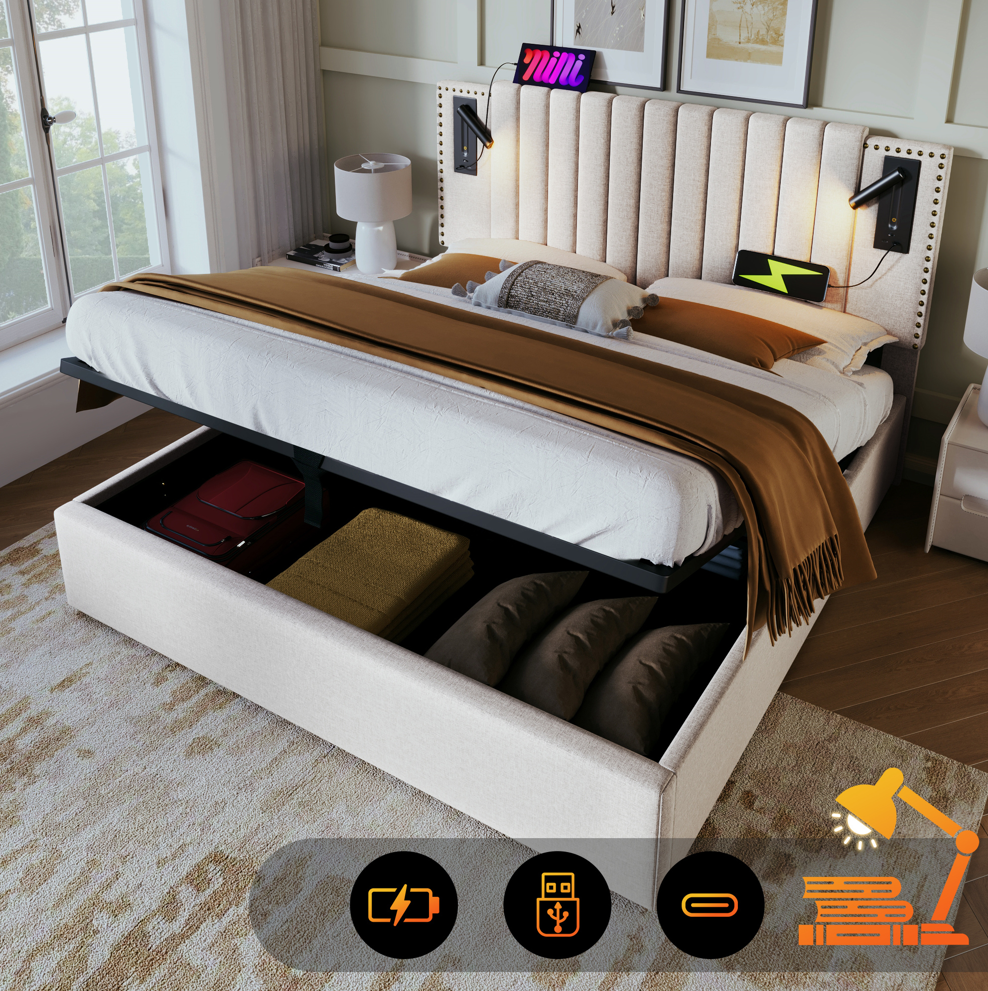 Lit Coffre 180x200 Cm En Coton Beige, Tête De Lit Réglable, Lampe De Lecture, Usb/type-c