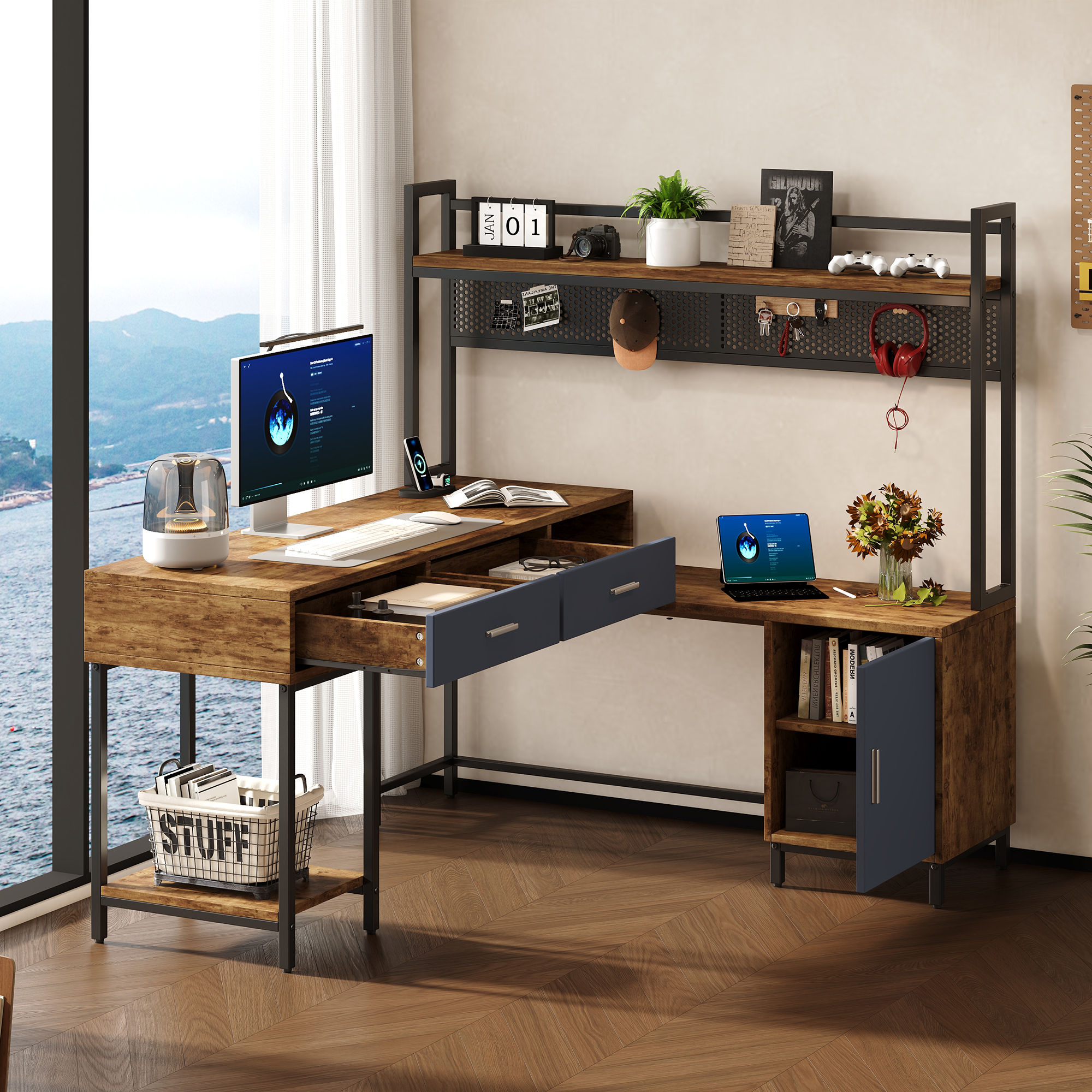 Bureau D'Angle En L 140x140x135 Cm, Rangement Multi Zones, Structure Métallique Robuste, Mdf, Noir Et Bois Naturel