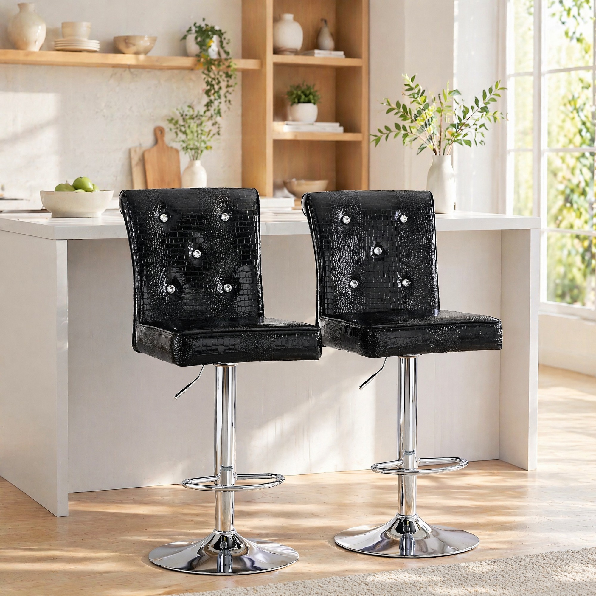 Lot De 2 Chaises De Bar Vintage Noires En Pvc, Dossier Capitonné Cristal, Réglables