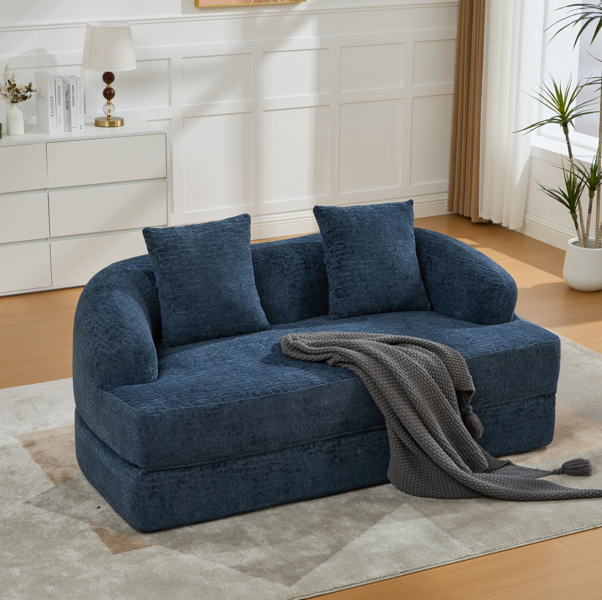 Canapé-lit 2 Places Pliable En Chenille Bleu Marine, Avec 2 Coussins, 157 Cm